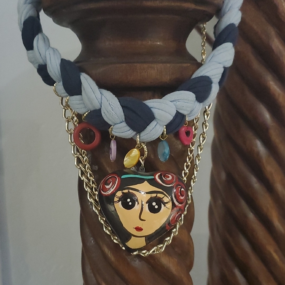 Artistic Mexican Necklace with Gold Bold Accents Chunky Heart Face Roses Braid